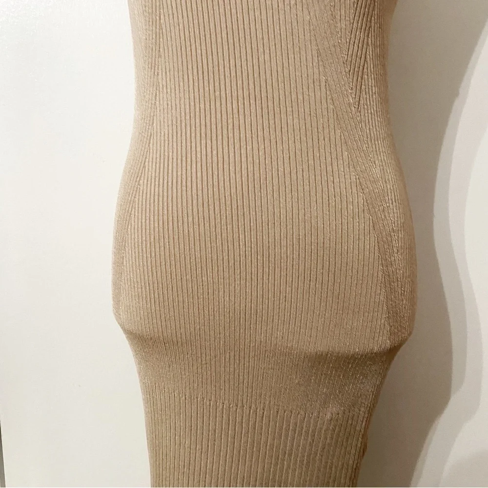 Marciano CAMEL TAN RIBBED STRETCH MOCK NECK SLEEVELESS BODYCON DRESS - Picture 5 of 9